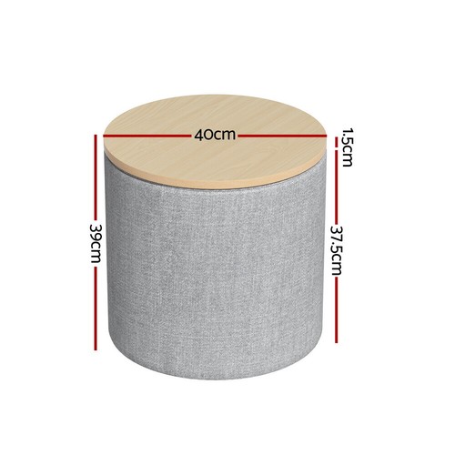 Artiss Storage Ottoman Blanket Box 40cm Foot Stool Coffee Table Linen Round Grey - Picture 3 of 8