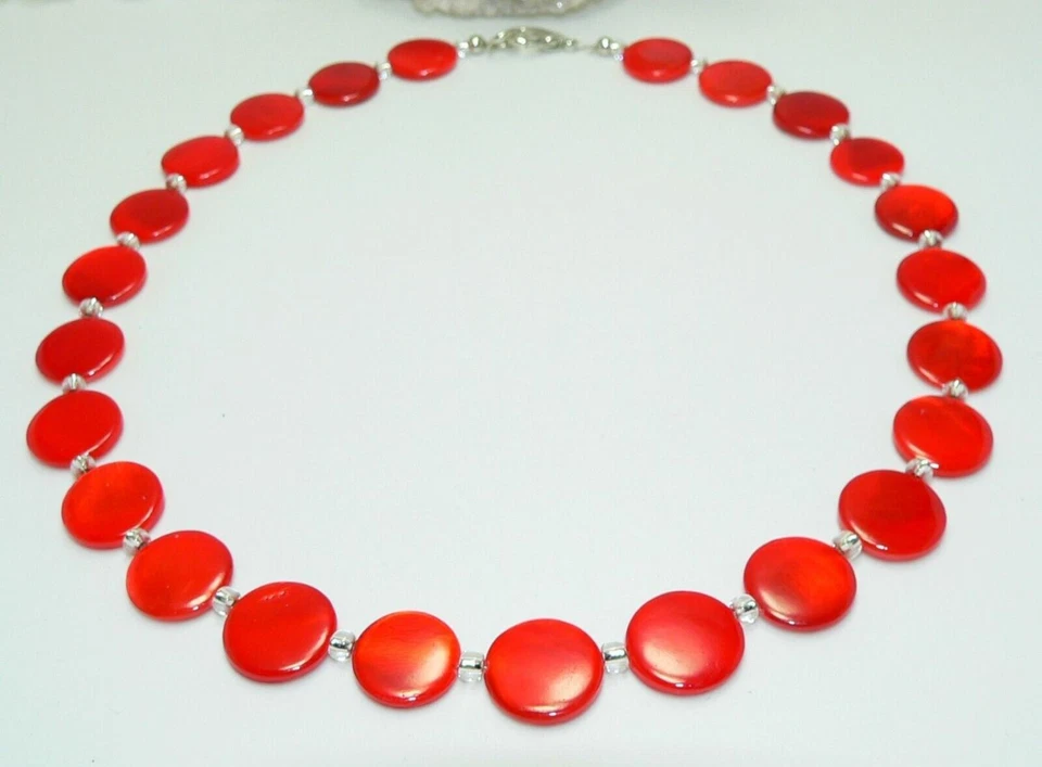 Halskette Kette Muschel Perlmutt  Scheibe Ø15mm knalliges Rot  405l - Bild 2 von 4