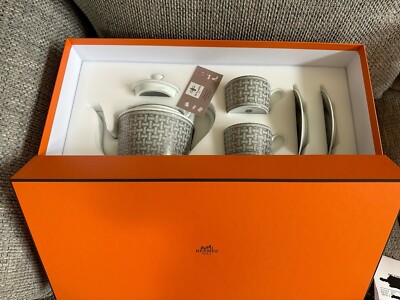 Service à Thé Hermès Mosaique Au 24 - 2 Tasses Et Soucoupes Platine - Neuf Avec Boîte