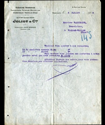 BESANCON (25) PORZELLAN STEINGUT GLAS KERAMIK ''JOLIOT'' 1914