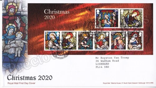 GB ROYAL MAIL FDC COVER 2020 CHRISTMAS STAINED GLASS USED STAMP SHEET BETHLEHEM