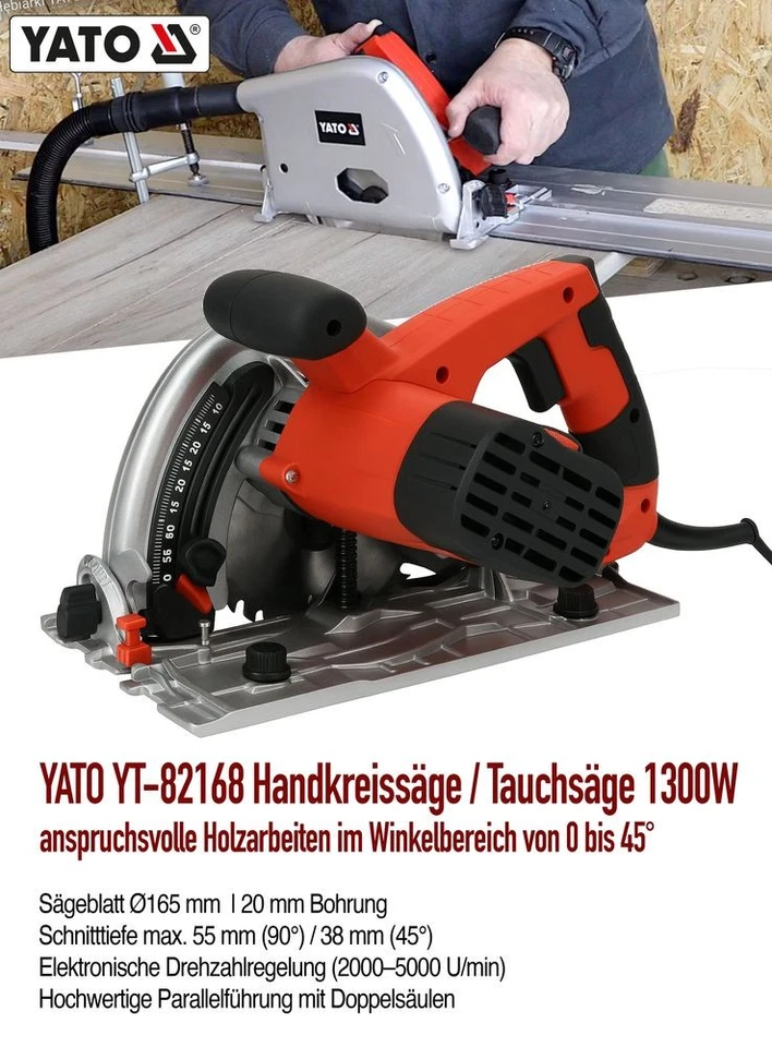 Tauchsäge 1300W 165mm Sägeblatt Handkreissäge Drehzahlregelung Parallelanschlag - Bild 2 von 4