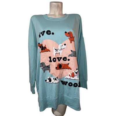 New LuLaRoe Womens XL Live Love Woof Dog Graphic Teal Blue LS HANNAH Pullover