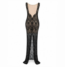 Windsor Black Beige Lace Sheer Sleeveless Open Back Maxi Long Dress Size M