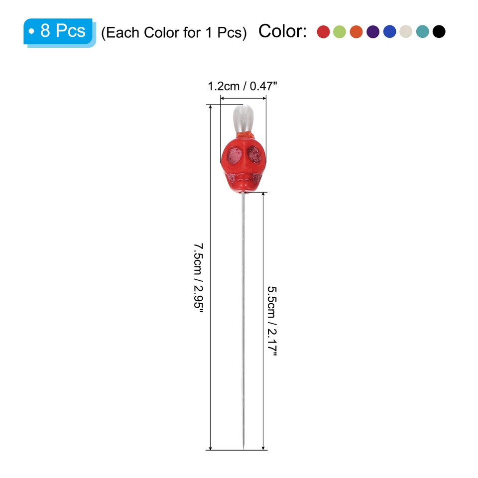 Alfileres de coser calavera de 3", 8 piezas alfileres rectos de acero, multicolor Foto 2 de 4