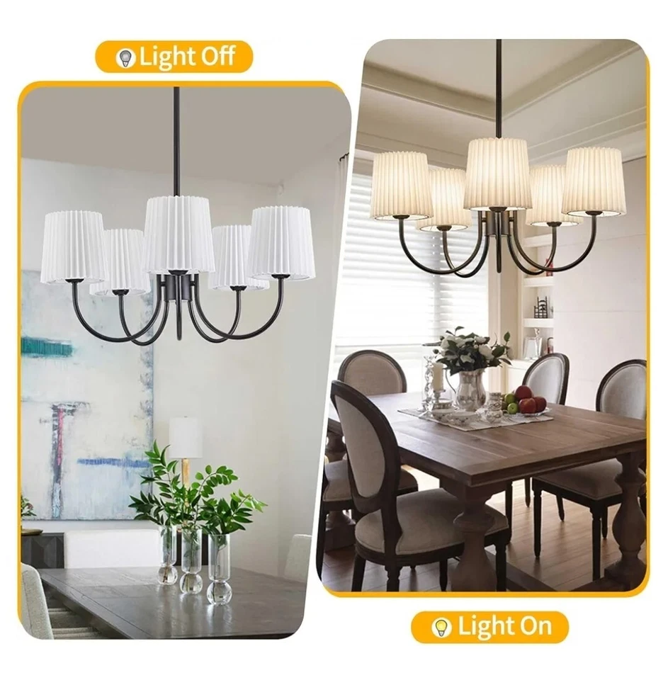 Lámpara de araña moderna para sala de estar, colgante negro de 5 luces de tela blanca... Foto 3 de 4