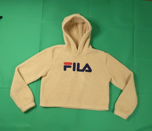 Women's FILA Sherpa Fleece Hoodie Vintage Jumper Small S Tan/Beige/Cream - Picture 4 of 9