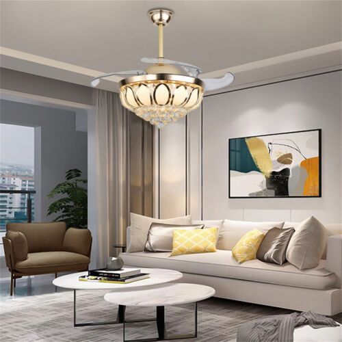 Gold Crystal 42" Chandelier Ceiling Fan Light Retractable LED 3 Color Change &RC