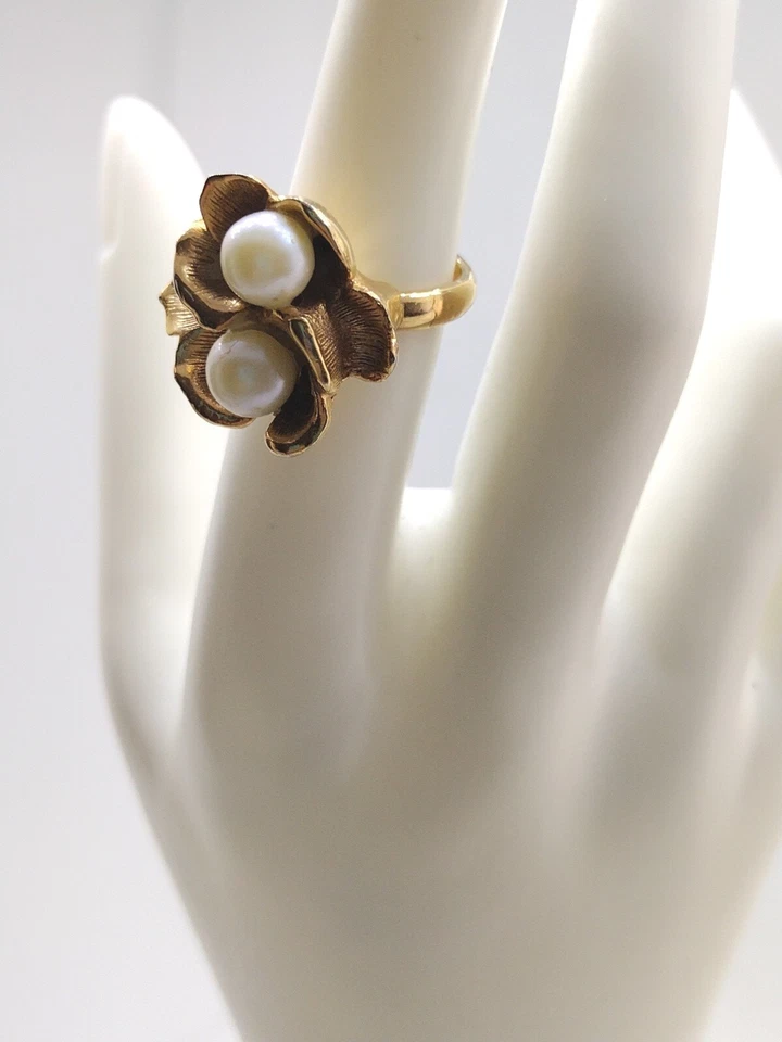 Anel de pérola falsa flor dupla ajustável tom dourado tamanho US5.5-6.5 joia presente - Imagem 3 de 4