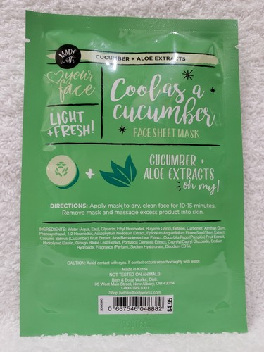 Bath & Body Works COOL AS CUCUMBER Face Sheet Mask Aloe Extracts .7 oz/20g New - Picture 2 of 4