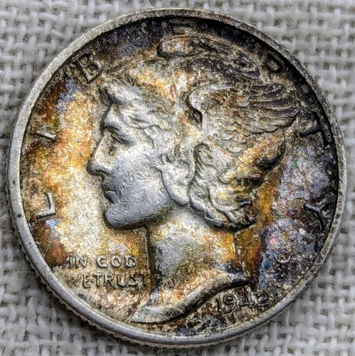 1942 Mercury Dime AU++ : Monster Rainbow Tone, Almost UNC - .9 Fine Silver Coin