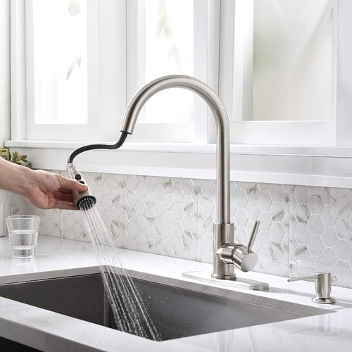 Lead-Free Brushed Nickel Kitchen Faucet with 360° Rotating Sprayer & Soap Pump - Picture 10 of 10