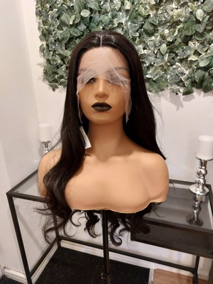 Lange Heatsafe Kunstfaser Haar Körper Welle Ausblasen Locken Lace Teil Perücke Schwarz