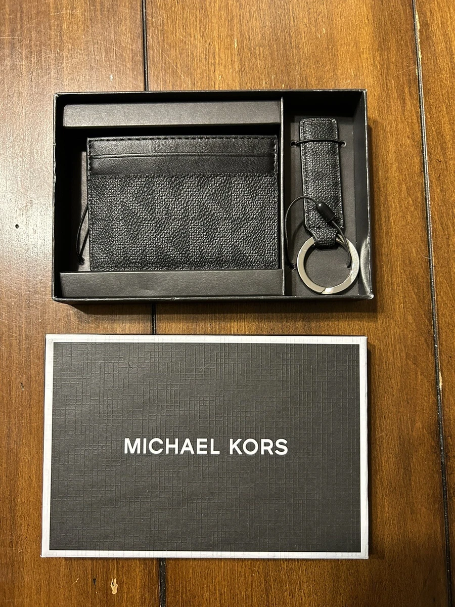 NWT Men s Michael Kors Black logo Leather card wallet keychain set