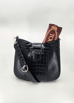 Tod's Double T Di Bag Black Croco Leather Shoulder Hobo Bag NWOT $1225