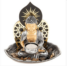 Image of SALE Buddha Meditation Statue with Leaf with Pebbles Tealight & Candle Holder