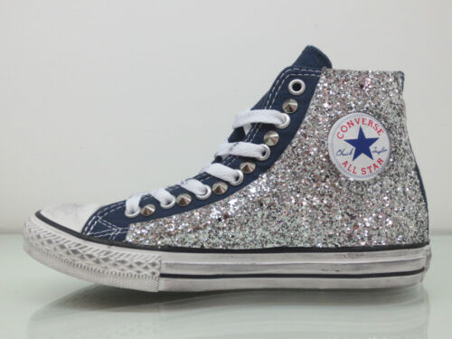 Converse All Star Glitter SILVER Navy Blue Studs Craft - Picture 1 of 4