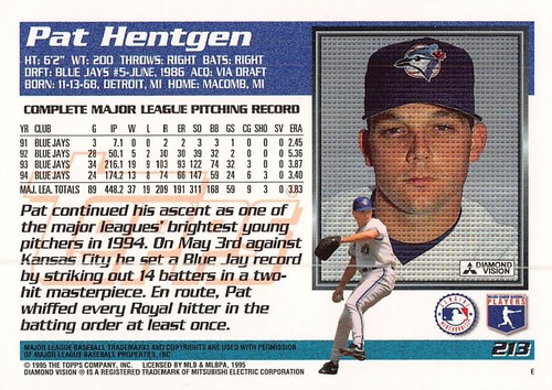 Pat Hentgen 1995 Topps 213 Toronto Blue Jays - Picture 2 of 2