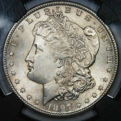 1897-S__MS 63__Morgan Silver Dollar__NGC Black Core, Vaultbox, Unc Silver Coin
