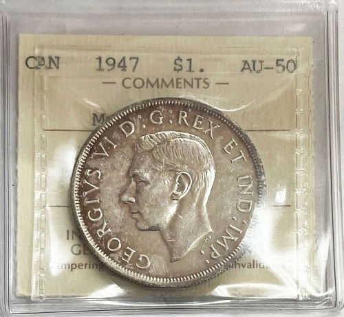1947 SILVER CANADA $1 DOLLAR GEORGE VI COIN ICCS ABOUT UNC 50
