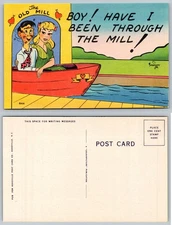 Old Mill Comic Boat Couple Postcard