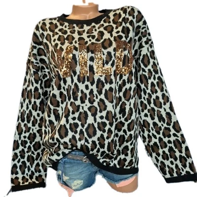 Zwillingsherz Damen Pullover Strick Leo Wild Beige Pallietten S-XL (6 044)