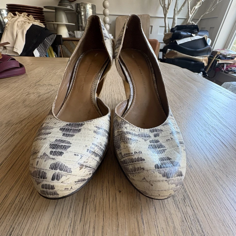 $198 ANTHROPOLOGIE Schuler & Sons Cuero Estampado Piel de Serpiente Zapatos de Tacón de Madera Talla 8.5 Foto 3 de 4