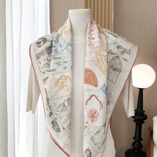 100% Twill Silk Scarf 35'' Bandanna stamp Print Shawl Square Double face Wrap