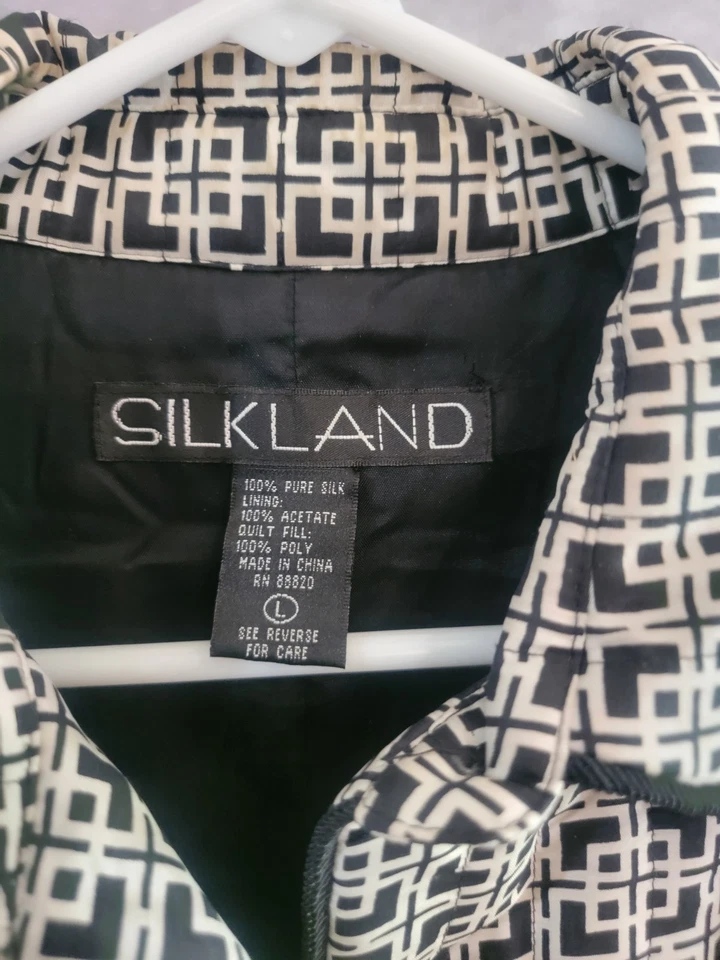 Silkland 女式丝绸西装外套 L 码办公室商务黑色白色 — 第 3/4 张图片
