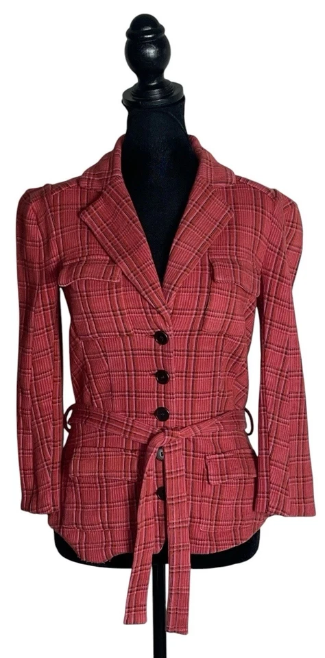 Jaqueta xadrez feminina Diane Von Furstenberg 4 vermelha malha gravata curta slim fit blazer - Imagem 2 de 4