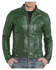 Green Men's Jacket 100% Genuine Lambskin Soft Biker Motorcycle Leather Jacket