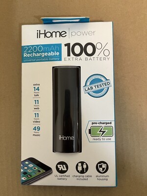 iHome Power 2200mAh Rechargeable Portable Battery & Charging Cable Black - NEW