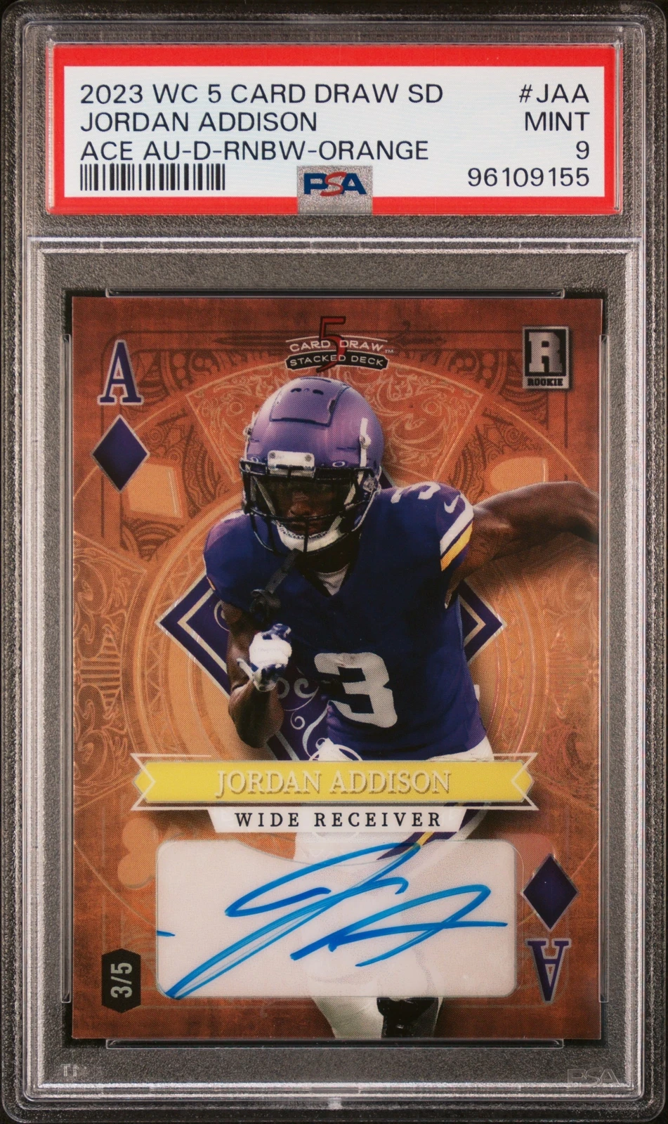 Jordan Addison Wild Card 5 Card Draw Stacked Deck Ace Autographs #JAA Spade-Rainbow Foil-Green