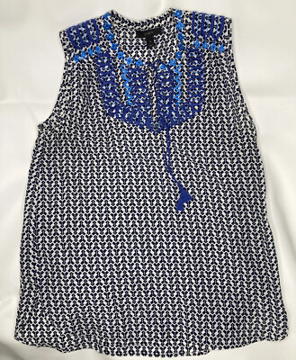 J. Crew Women's Top Sleeveless Arrow Print Embroidered Cotton Silk Blue Sz 0