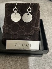Genuine  Gucci Sterling Silver  Trademark Disc Drop Earrings With Pouch