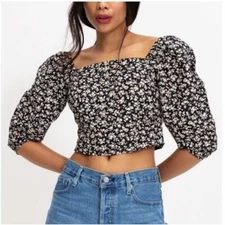 Levi's Yvie Floral Crop Top Womens M Puff Sleeve Blouse Peasant Cottage Smocked