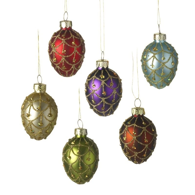 HEAVEN SENDS Set of 6 Colourful Glass Glitter Egg Christmas Tree Bauble Decorations