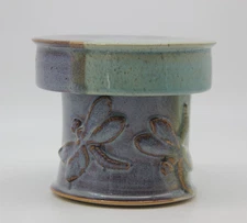 Pottery Speckled Teal Blue Stoneware Butter Bell Crock Dragon Fly Artist Signed
