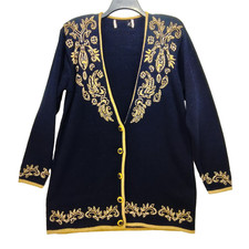VTG 80's Cardigan Sweater L Black Gold Trim Beaded Sparkle Embroidery