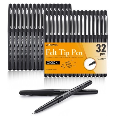 Black Felt Tip Pens, 32 Black Pens, 0.7mm Medium Point Felt Pens, Felt Tip Ma...