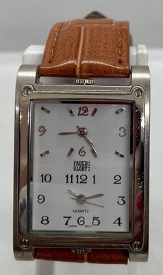 FADED GLORY WATCH Two Time Zones Beige, Leather Strap, Silver Case, Men, Women