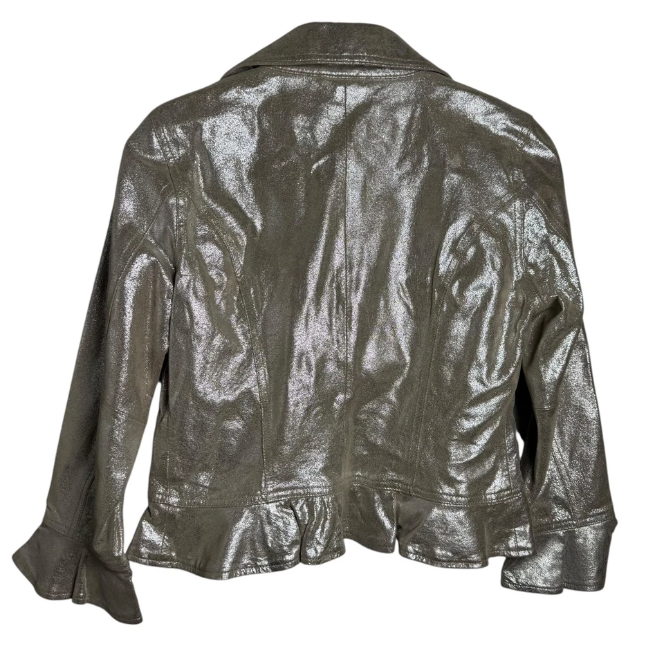 Jaqueta Bebe Feminina Tamanho Pequeno Vintage Y2K Couro Dourado Claro Peplum Bainha de Babado - Imagem 4 de 4