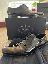 Prada Men's Dress Shoes Lace Up Oxford Black Patent Size 10.5 - Vernice Nero