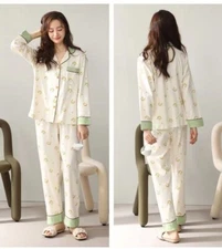 100% Cotton Women Pajama Set Soft Long Sleeve Pajamas Long Pants with Pockets
