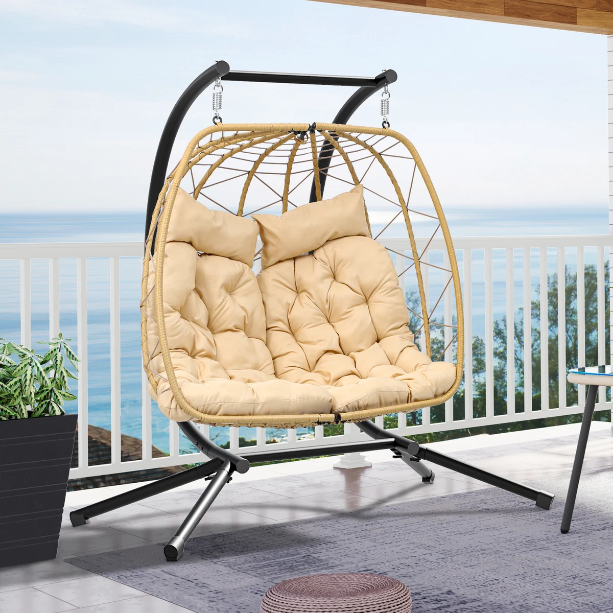 TAUS Hanging Egg Chair Stand Double Swing Chair w Cushions for Patio Bedroom