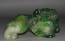 17CM Old China Dynasty Natural Green Jade Carve Dragon Pixiu Brave troops Statue