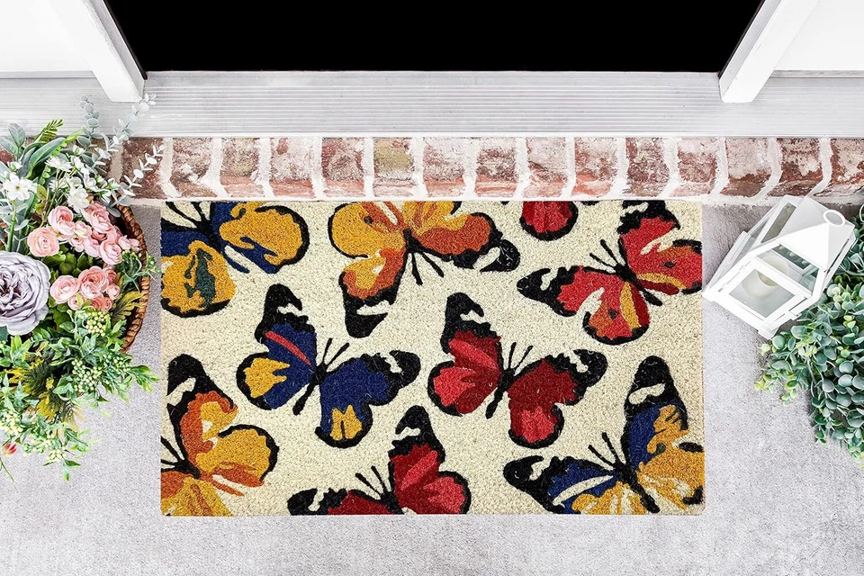 Felpudo de fibra de coco impreso bienvenida diseño de resorte alfombrilla exterior duradero 18"x28" Foto 2 de 4