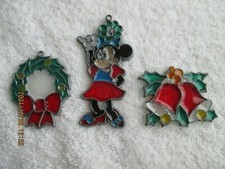 3 Vintage Painted Christmas Ornaments 4" Mickey Mouse, 2.5" Wreath  Bells