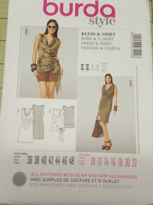 Burda Pattern 7202 Top Wrap Waist Drapey Dress Sizes 10 12 14 16 18 20 22 UNCUT