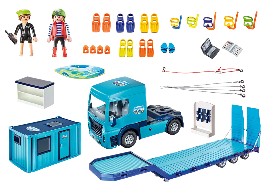 Playmobil Family Fun 70959 pas cher, Camion FunPark avec remorque plateau  et conteneur